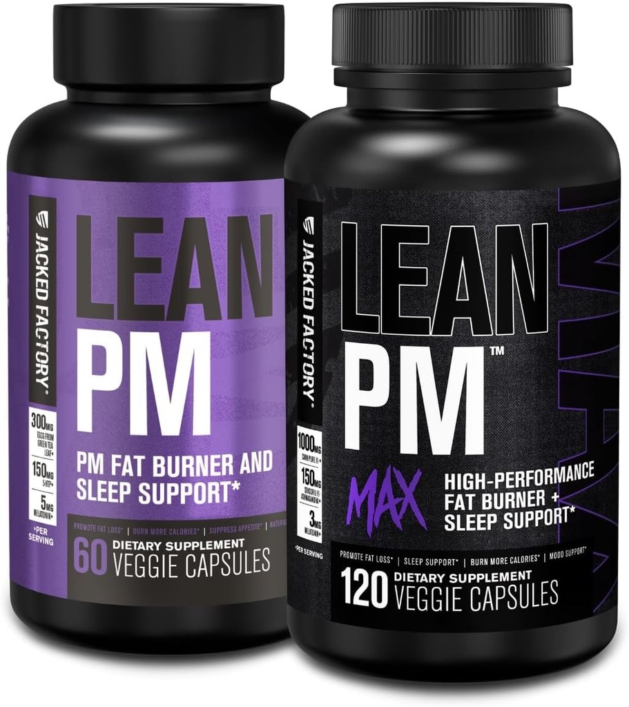 Jacked Factory Lean PM & Lean PM Max Night Time Fat Burner, Sleep Aid Supplement, & Appetite Suppressant for Men and Women (180 Capsules)