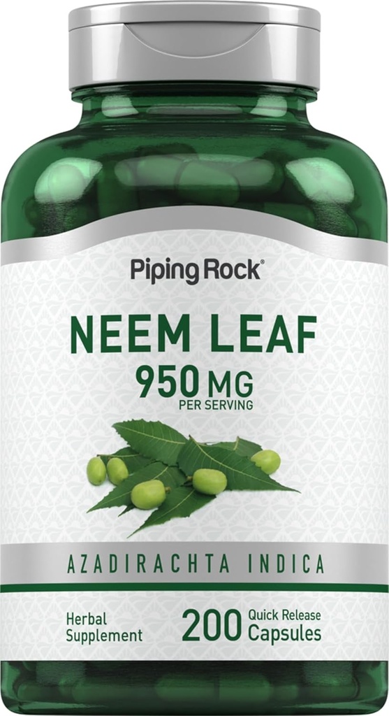 パイピングロック ニームリーフカプセル | 950mg | 200 パウダーピル | ハーブエキスサプリメント | アダディラックインディカ | 非GMO、グルテンフリー