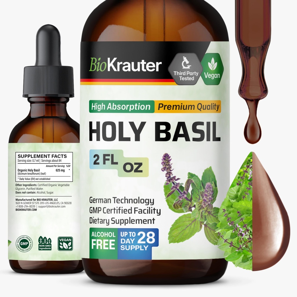 BIO KRAUTER 聖バジルチン - トルシ粉末液体エキス - カルシウムとリラックスをサポート - ウルゾル酸サプリメント - アルコールと砂糖無料 - ビーガンドロップ 2 Fl.Oz.