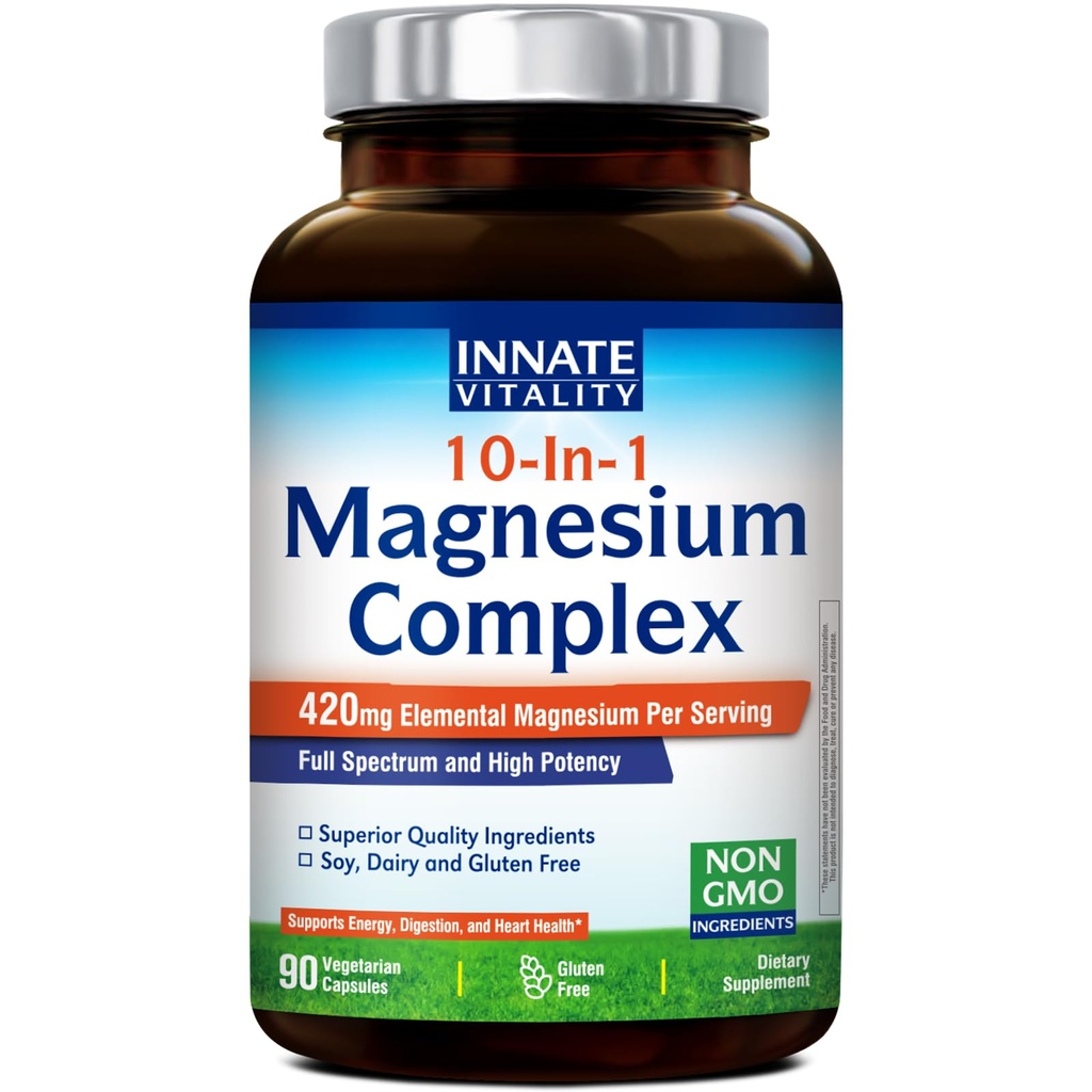 インテート・ビタリティ 10-in-1 マグネシウムコンプレックス 960 mg, 420 mg Elemental Mag per サービング, マグネシウム グリシナートと, クエント, メイト, 睡眠, 消化, エネルギー サポート, 90 ビーガンキャップ