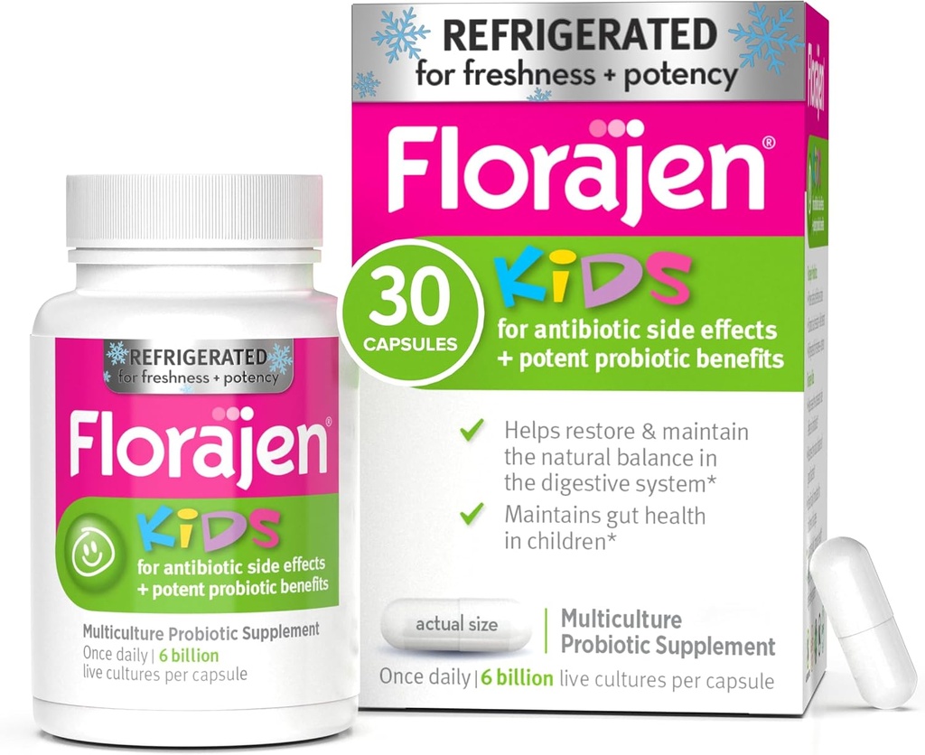 Florajenキッズプロバイオティクス、毎日の腸の健康と免疫サポートサプリメント、便秘とブロッキング救済、30カプセル(冷蔵)