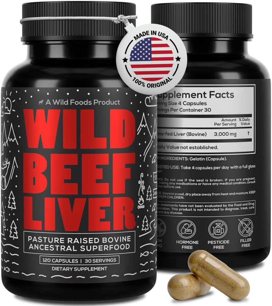 Wild Foods Beef Liver Capsules - Grass-Fed & Pasture-Raised | 3000mg Ancestral Supplement for Natural Energy & Immune Support | Organ Supplement for Men & Women | Keto, Paleo, Carnivore (120 Softgels)