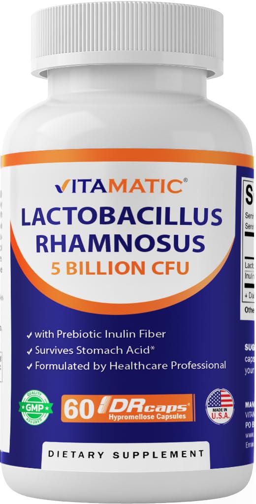 Vitamatic Lactobacillus Rhamnosus DR のカプセルごとの 5 の鋼片 (1 2 カプセルごとの 10 の鋼片) - 60 の計算 - 高度の消化器及び免疫 サポート - Prebiotic のインリン繊維となされる