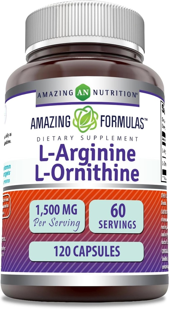 アメイジングフォーミュラ L-アルギニン/L-オルニシン 1500 Mg/サービング、カプセル | 非GMO | グルテンフリー | アミノ酸サプリメント (120 カウント)