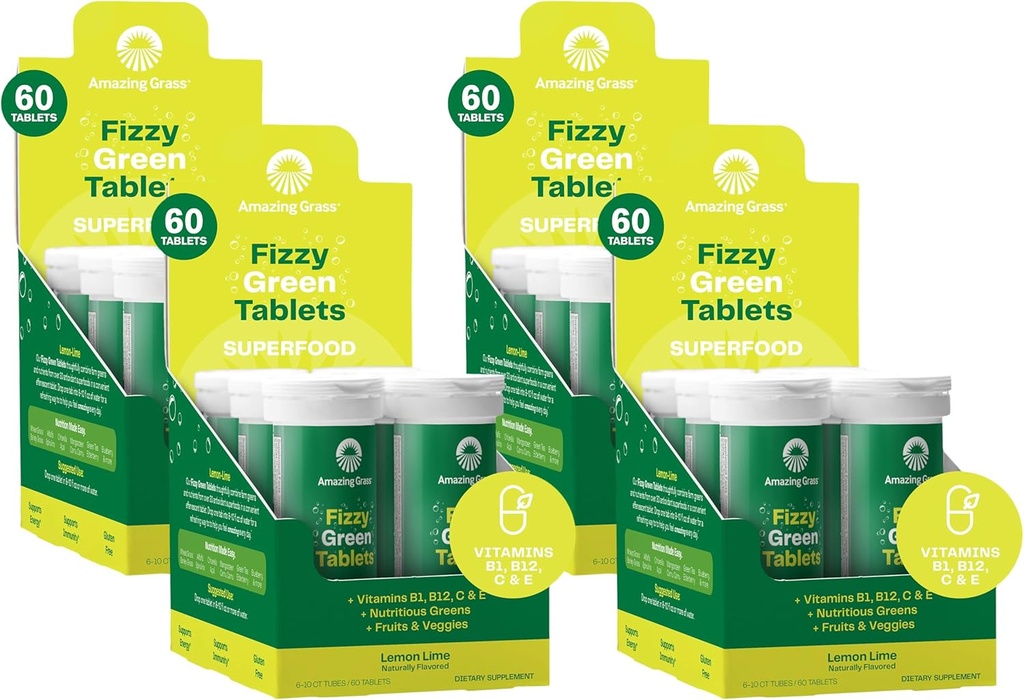 驚くべき草のFizzyの緑はSuperfoodのレモン ライムを錠剤にします:酸化防止剤が付いている緑のスーパーフード水味付けのタブレット、60の計算(包装の5月 Vary) (パッキング4)