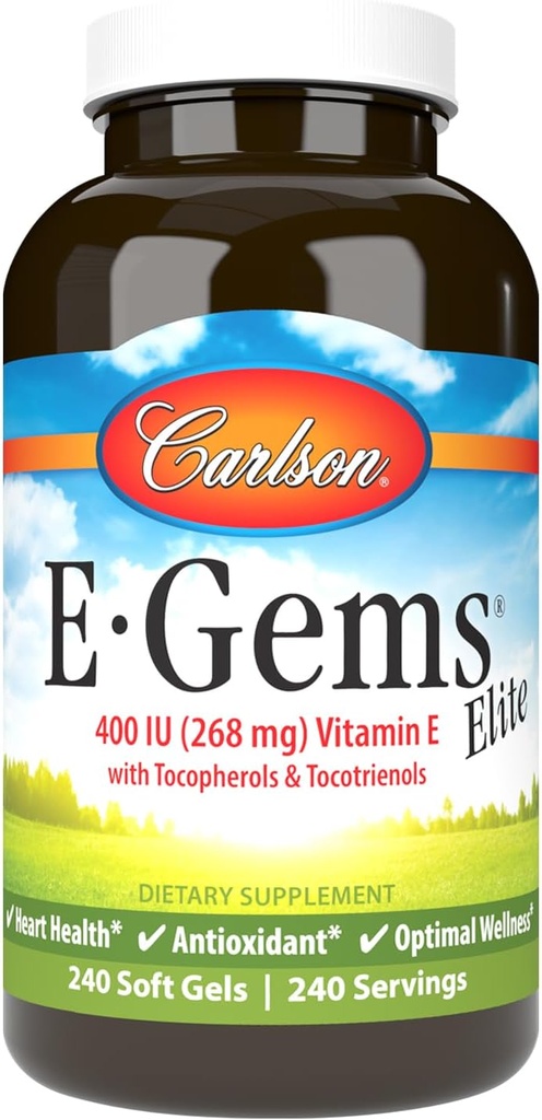 Carlson - E-Gems Elite、トコフェロール&トコトリエンロール、ビタミンEカプセル、心の健康&最適なウェルネス、抗酸化剤、ビタミンEサプリメント、240Softgels