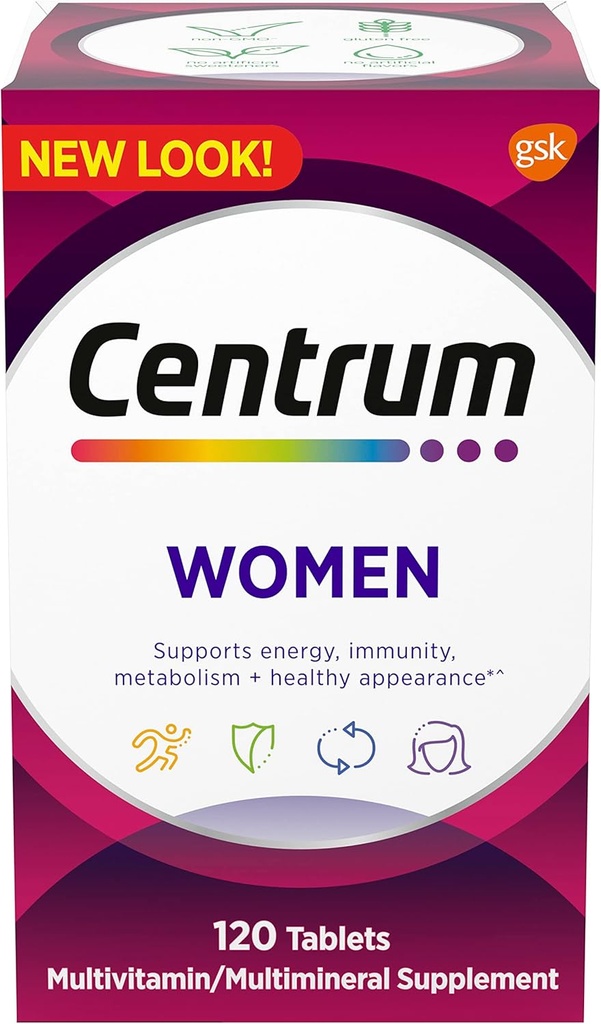 女性のためのCentrum Multivitamin、鉄、ビタミンD3、Bのビタミンおよび酸化防止ビタミンCおよびEのグルテンフリーのGMOの原料- 120の計算