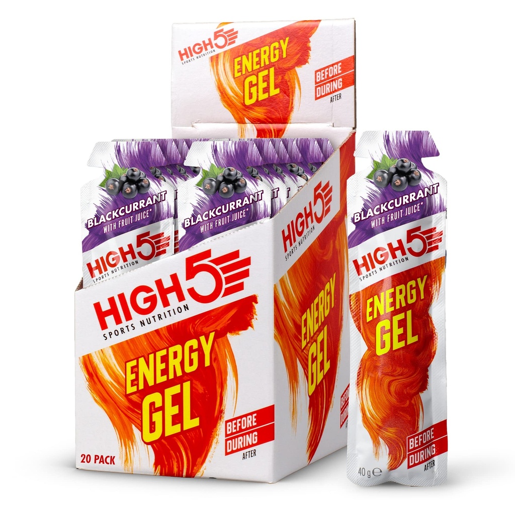 HIGH5 Energy Gels - Quick Release Sports Gels to Power Muscles for Top Performance - Natural Fruit Juice & Caffeine-Free - On The Go Energy Boost for Running, Cycling and More (Blackcurrant, 20 x 40g)