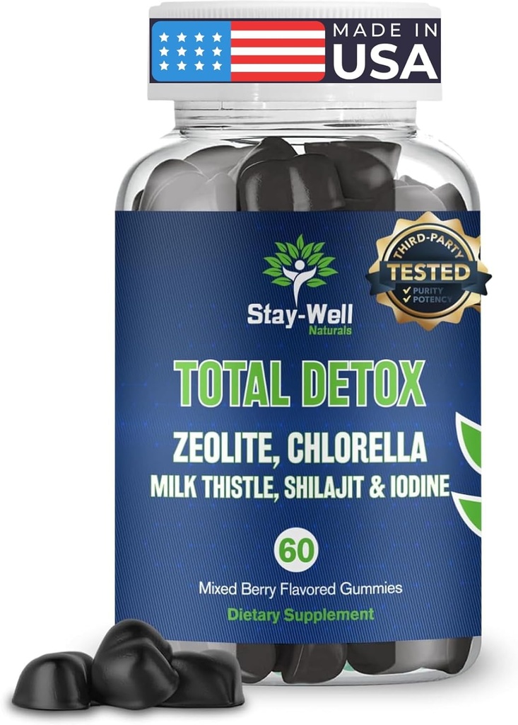 Total Detox, Heavy Metal Detox for Adults- Zeolite, Chlorella, Milk Thistle, Shilajit & Iodine, Toxin Cleanse, Pineal Decalcification, Fluoride Cleanse, Heavy Metal Cleanse, 60 Mixed Berry Gummies