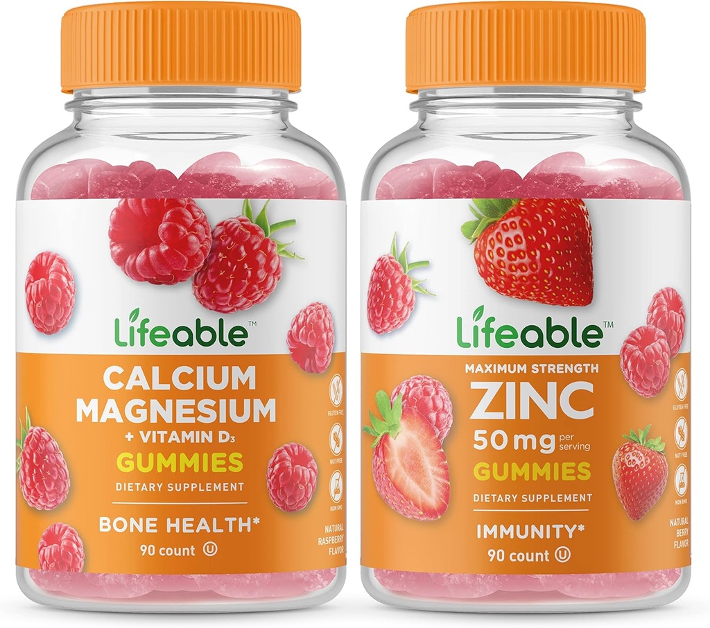 Lifeable Calcium Magnesium + Zinc 50mg, Gummies Bundle - Great Tasting, Vitamin Supplement, Gluten Free, GMO Free, Chewable