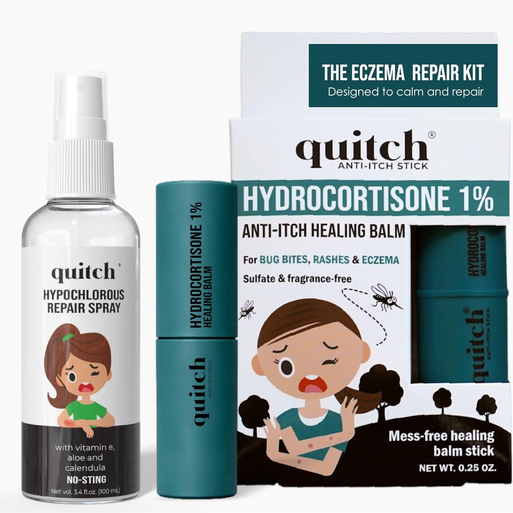 quitch Eczema System, Hydrocortisone Healing Balm + Hypochlorous Repair Spray, Sensitive Skin, Gentle Eczema Cleanser and Repair Balm