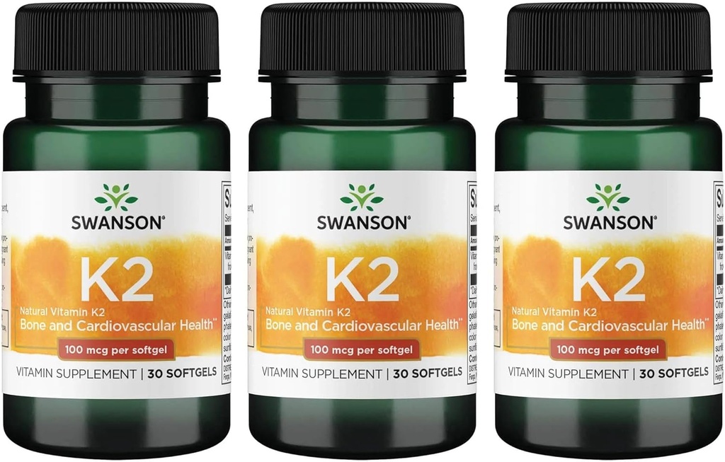 Swanson Vitamin K2 (Menaquinone-7) - Vitamin Supplement Supporting Cardiovascular and Bone Health - Made from Japanese Natto to Help Regulate Calcium - (30 Softgels, 100mcg Each) (3 Pack)