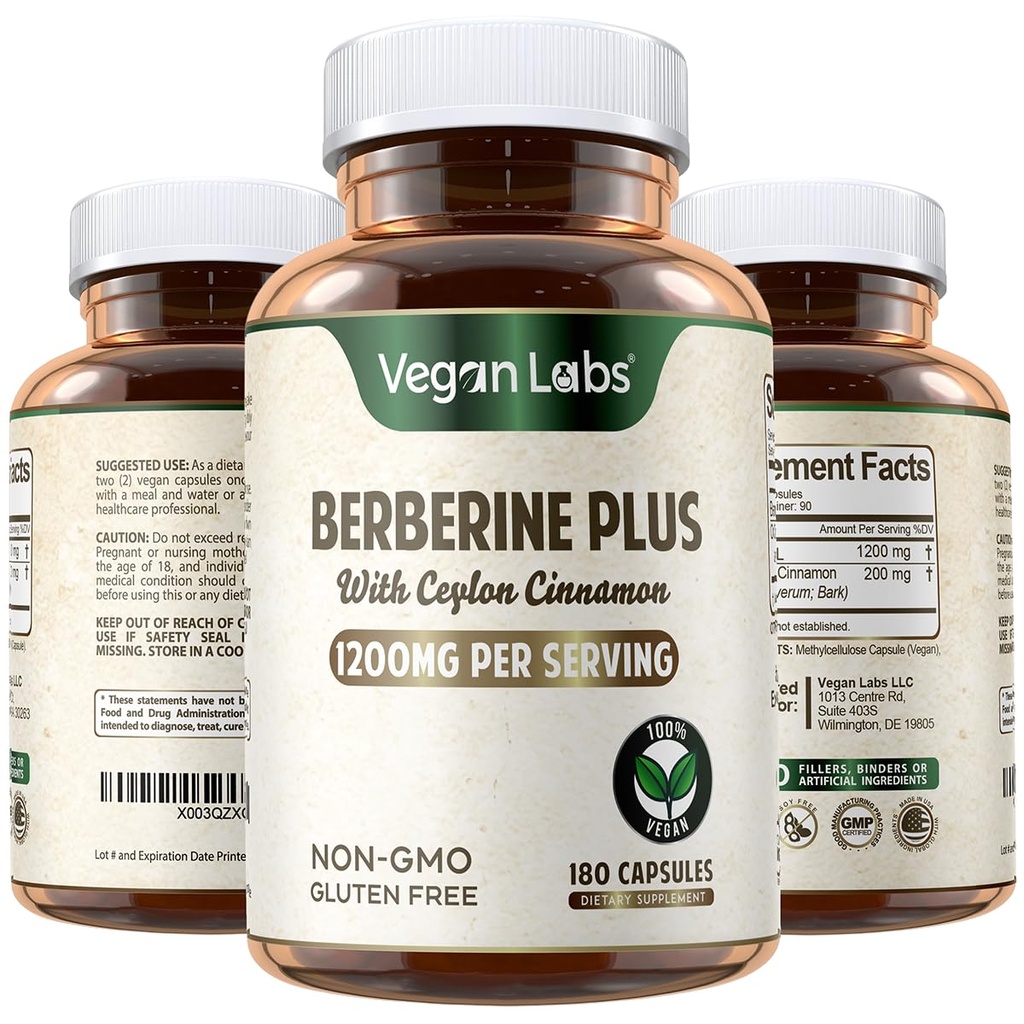 ビーガンLabs Berberine HCL 1200MG オーガニックセイロンシナモン- 180 ビーガンカプセル- 支持 全体的な健康と免疫システム