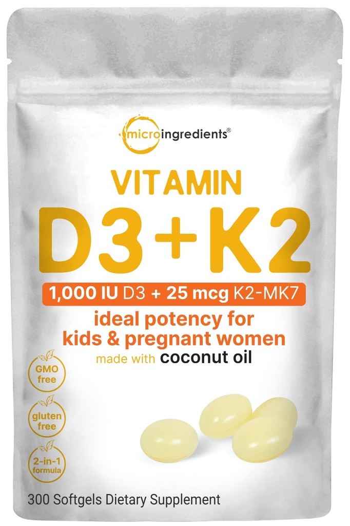 マイクロ成分 ビタミンD3 1,000 IU + K2 MK-7 25 mcg、300 Softgels | バージンココナッツオイル | 2-in-1骨、免疫&ハートサポート | 飲みやすい、非GMO