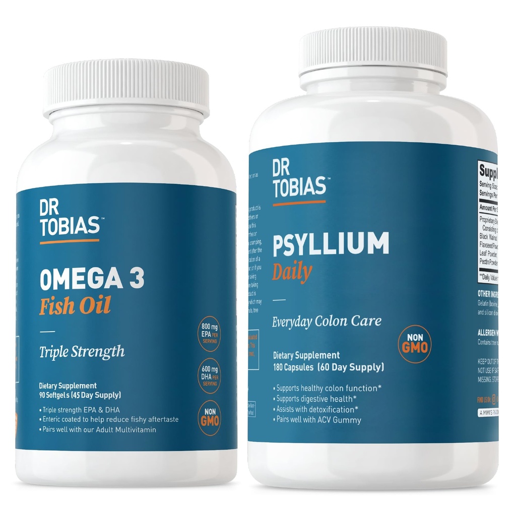 Dr. Tobias Omega 3 魚油 & 心のためのピシリウムの毎日の補足, 脳 & 免疫サポート, 健康な腸の動きは、Psyllium カプセルでサポート
