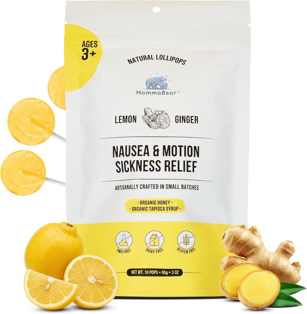 MommaBear Nausea & Motion Sickness Lollipops – ナセサのための非GMOレモン&ジンジャーキャンディ – 子供のためのオーガニックLollipops 3 + 清らかさを緩和するために妊娠中の女性 – 鮮度のためにしっかりとシール (10 パック)