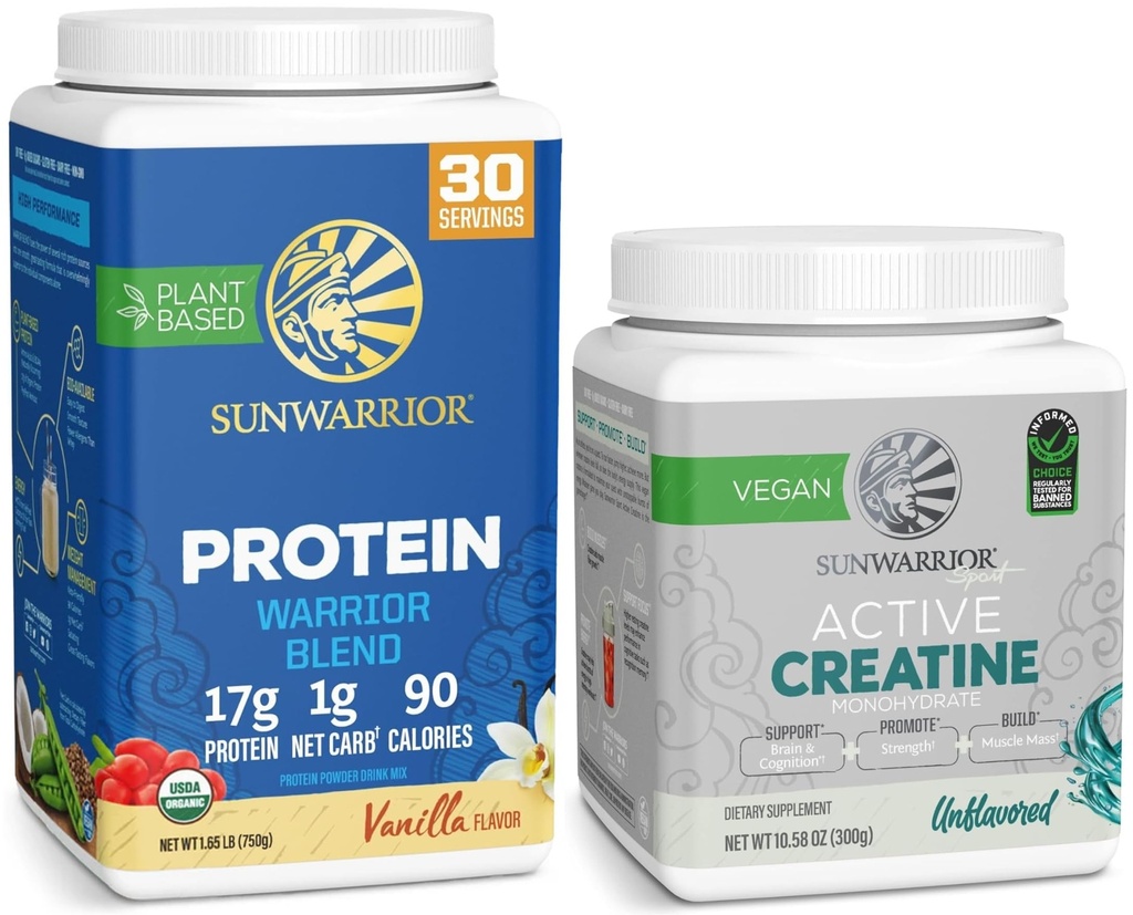 Sunwarrior Creatine Powder & Vanilla Organic Plant Based Protein Powder Set | Bundle & Save | Vegan Organic Protein Plus Unflavored Creatine Monohydrate (60 Servings Unflavored, 30 Servings Vanilla)