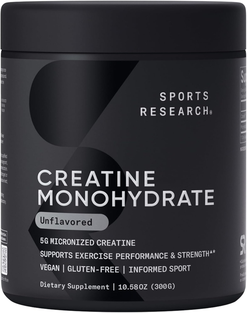 Sports Research Creatine Monohydrate - Gain Lean Muscle, Improve Performance and Strength and Support Workout Recovery - 5 g Micronized Creatine - 10.58 oz
