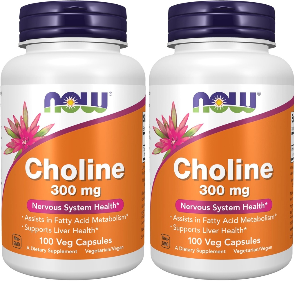 Now Supplements Choline 300 mg, 100 Veg Capsules - Supports Nervous System and Liver Health*, Vegan, (Pack of 2)