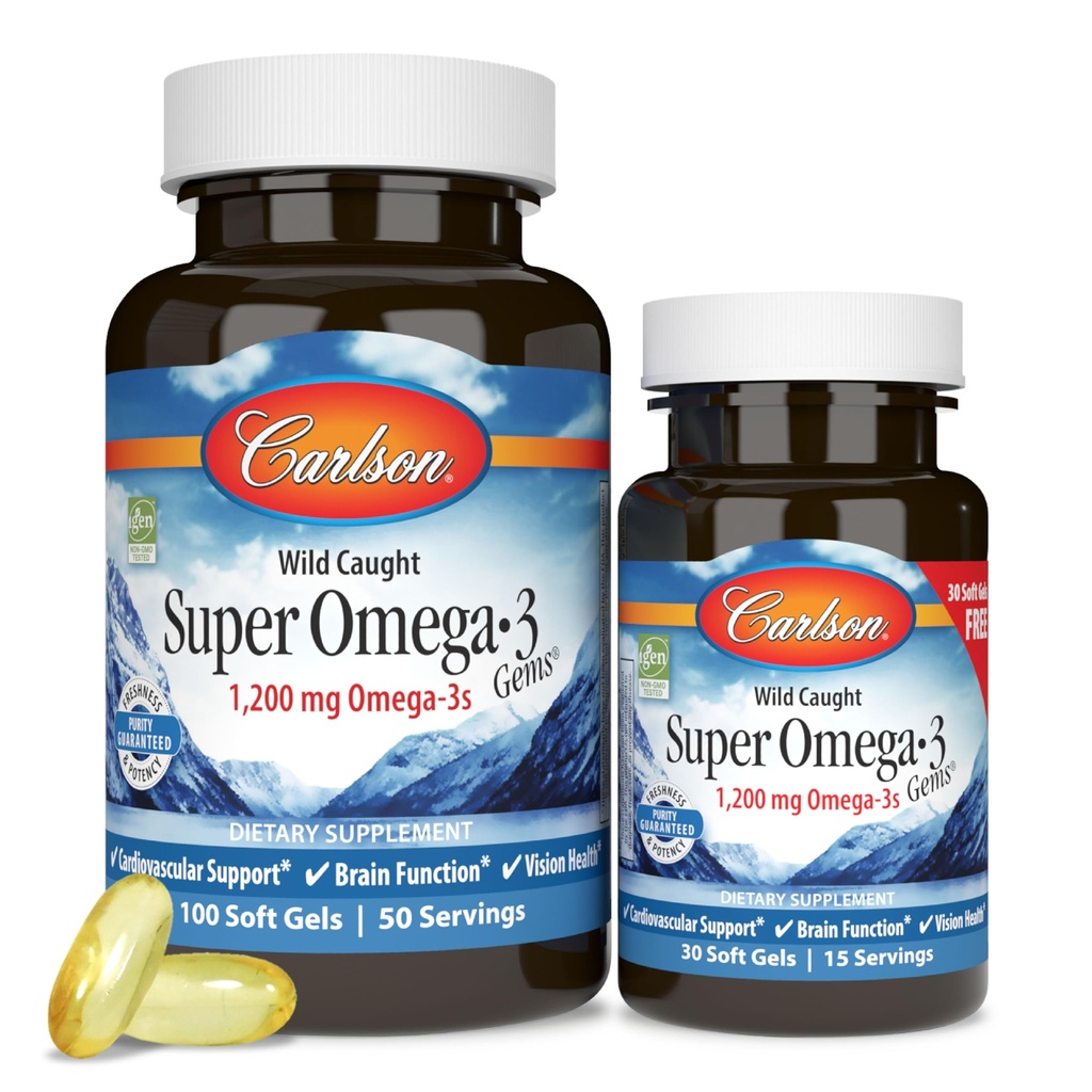 カールソン - スーパーオメガ-3 宝石, 1200 mg Omega-3 脂肪酸 EPA と DHA, ワイルドキャッチ ノルウェーのサプリメント, 持続的にソース魚油カプセル, オメガ 3 サプリメント, 100 + 30 Softgels