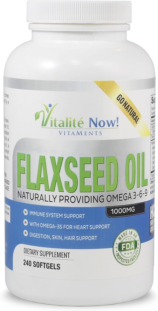 Upsize Best Organic Flaxseed Oil Softgels - 1000mg Premium, Virgin Cold Pressed from Flax Seeds - Hair Skin & Nails Support - Omega 3-6-9 Supplement - 240 Count - More Than 8 Month Supply!