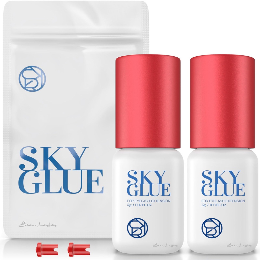 2 Bottles Sky Glue for Eyelash Extensions S+ | Super Strong Black Lash Extension Adhesive for Professional Long Lasting Semi Permanent Individual Lash Extensions | Fast Drying / 7+ Week Retention 5ml