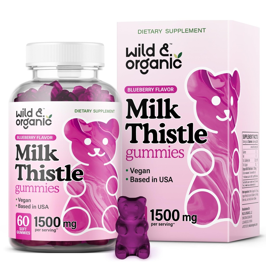 ワイルド&オーガニックミルクアザミ1500mg - 肝臓のクレンジングデトックスのためのミルクアザミサプリメント - シリマリン肝臓デトックスグミ - 30日の供給 - 60ビーガン、非GMOチュー