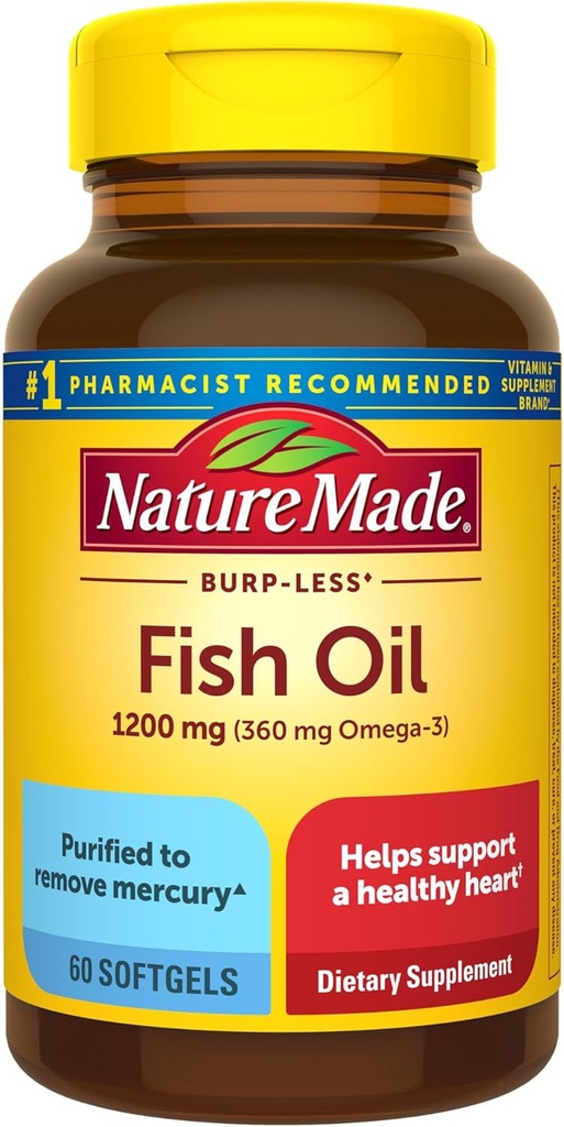 Nature Made Burp Less Fish Oil Omega 3 サプリメント, 1200 mg Softgels, EPA DHA Omega 3 健康的な心サポートのための魚油サプリメント, 60 Softgels, 30 日の供給