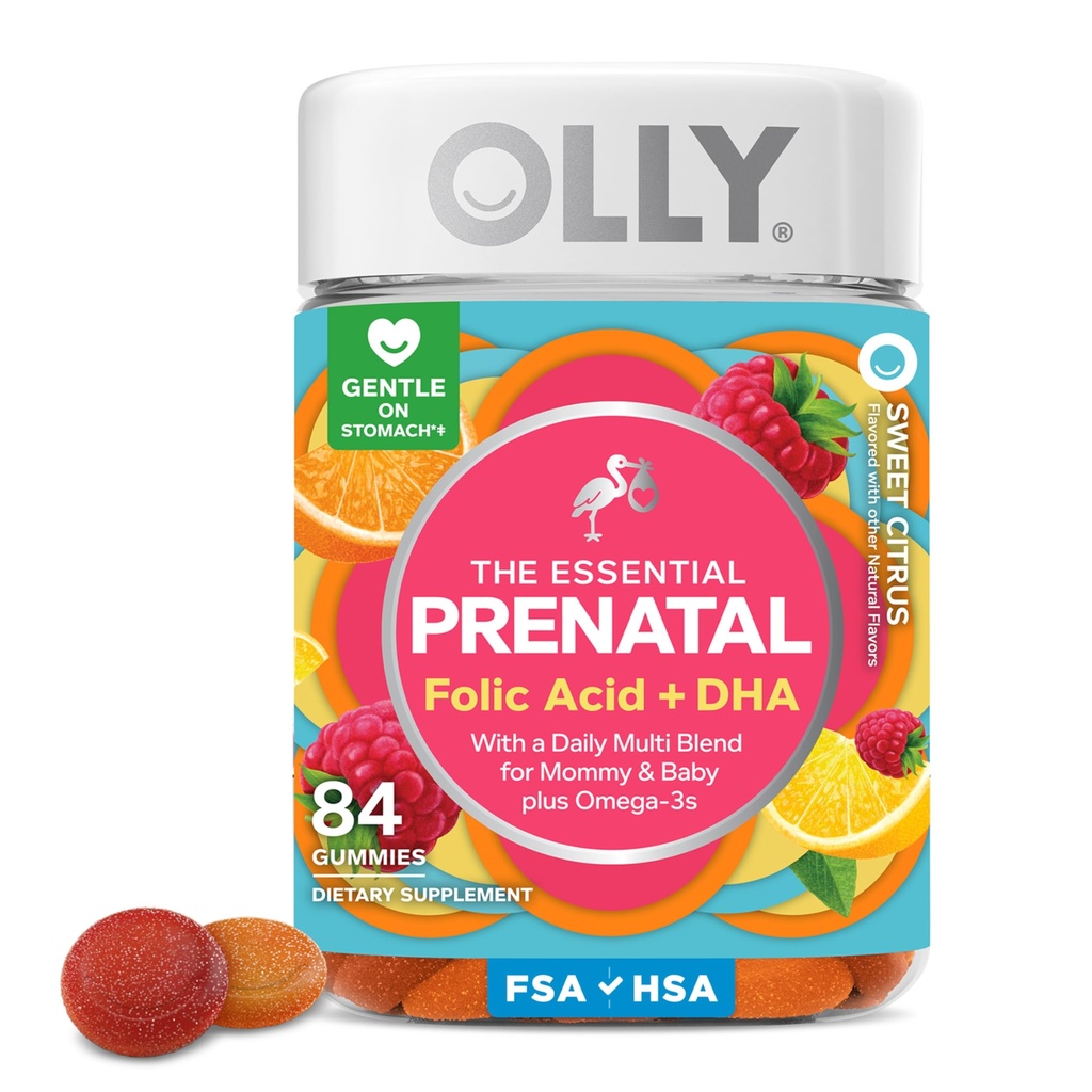 OLLY エッセンシャル プレナタル ガミー マルチビタミン, 葉酸, ビタミン D, オメガ 3 DHA, 健康な成長と脳開発をサポート, シトラスベリー - 84 カウント