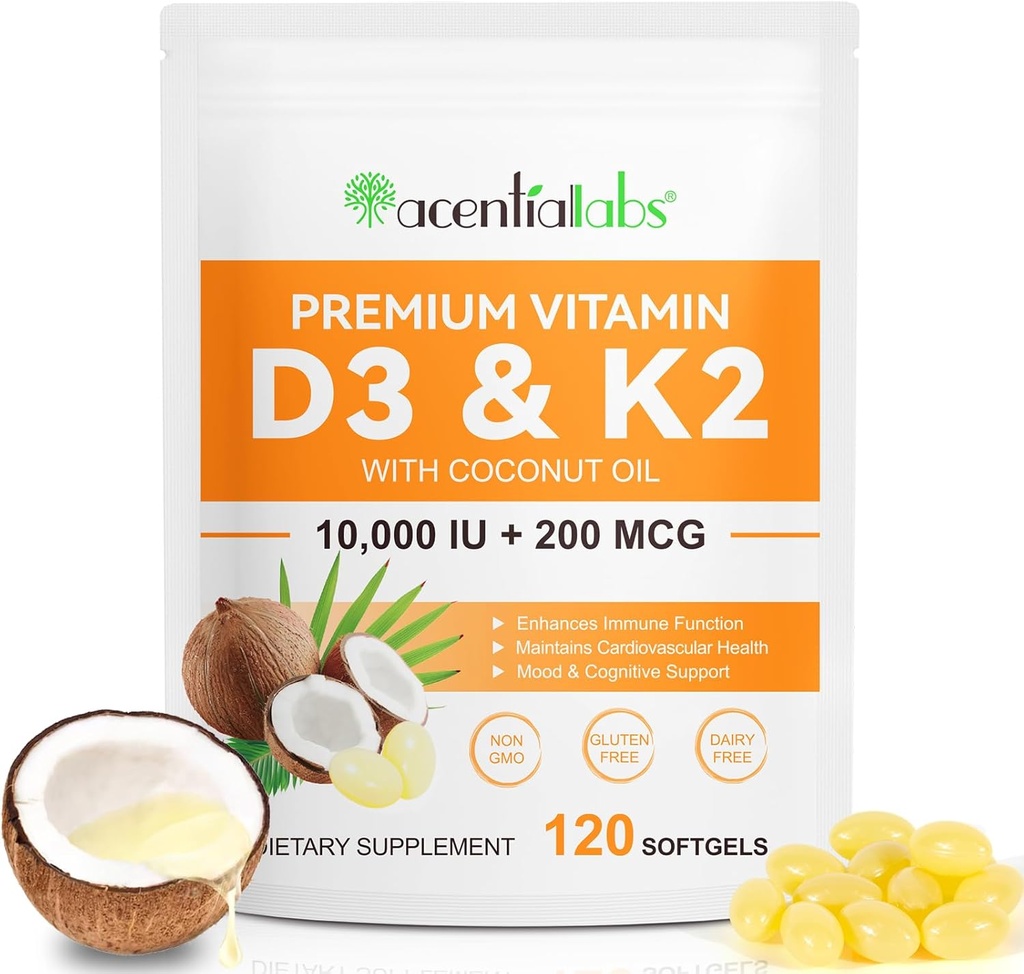 ビタミンD3 K2の補足のSoftgels、10000 の IU VIT D3 + 200 MCG K2 (MK-7)   ココナッツ油との2-in-1 Replenishの方式、カルシウム吸収、Swallow 120のカプセルへの容易なサポート。