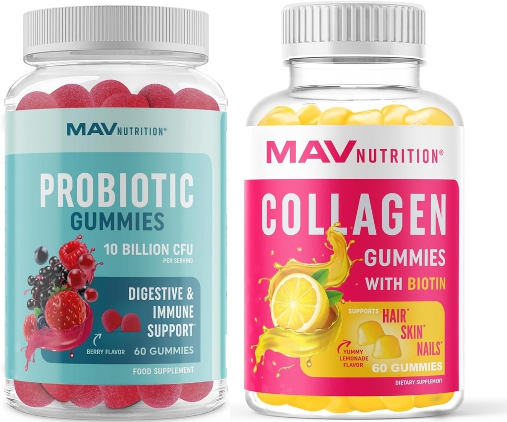 MAV NUTRITION レディースとプロバイオティックグミーのコラージュグミー | バイオチン、ビタミンC、および5つのビリオンCFUによるヘアケア、スキン、ネイル、およびガットヘルスサポート | 60 ガミーそれぞれ