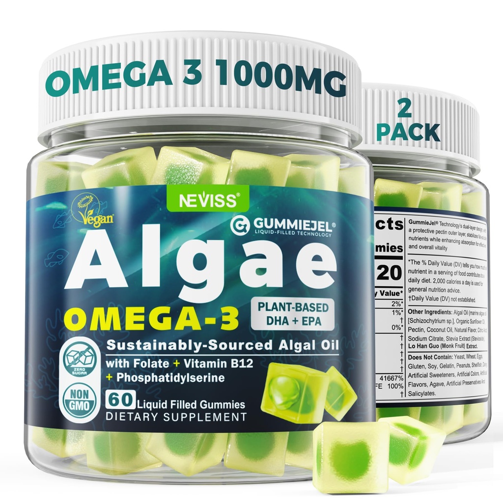 2パック藻オメガ3グミー1000mg、植物ベースのDHA 460mg&EPA 230mg、オメガ3魚油代替大人、プラスメチルフレート、ビタミンB12、ホスファティジルセリン、魚味なし、ビーガン、砂糖無料
