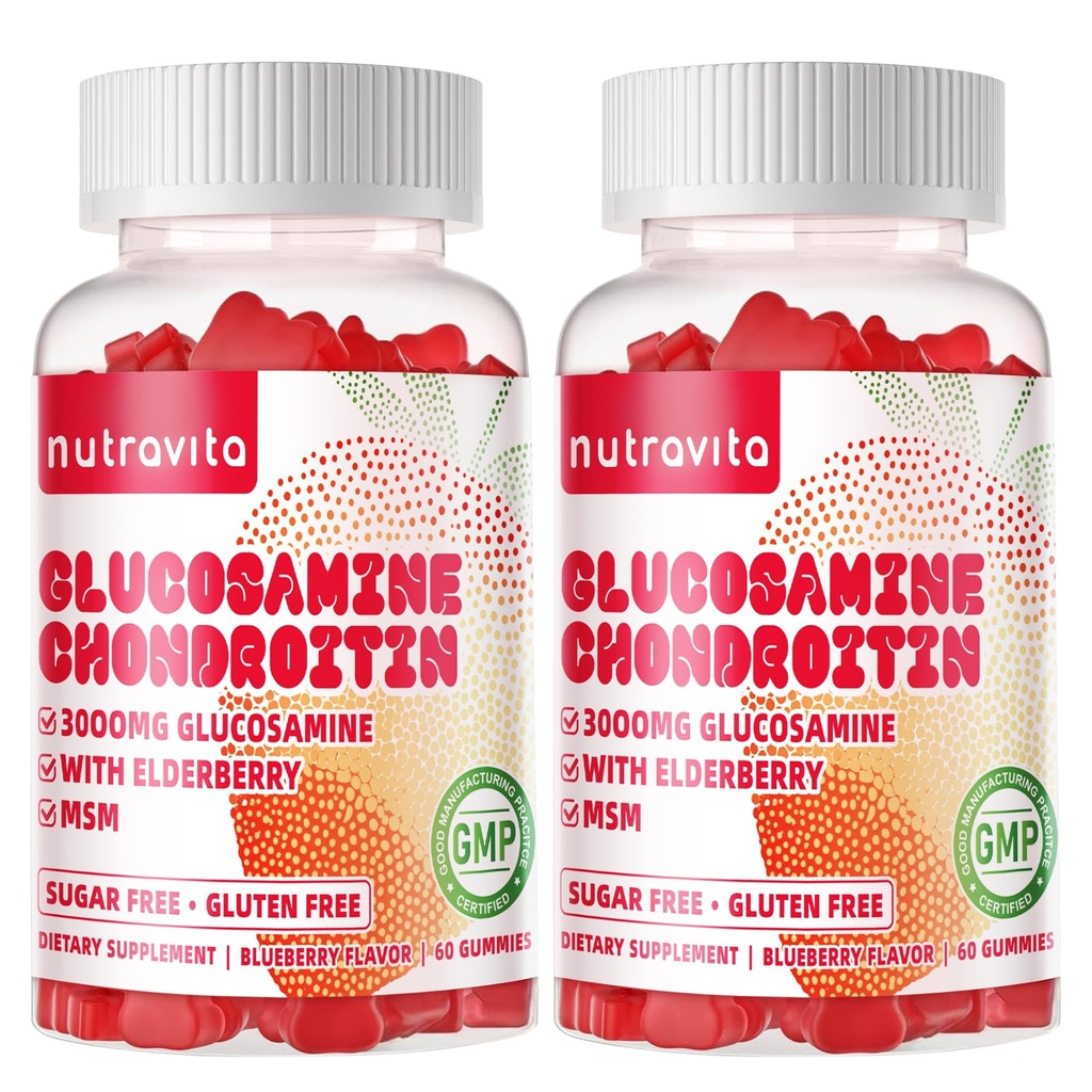 MSM及びElderberryの余分強さのNutravita Glucosamineのコンドロイチンのグミies - 共同サポート、大人、人及び女性のための酸化防止免疫サポート補足。 120 ストロベリー咀嚼
