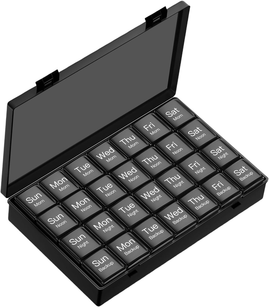Large Weekly Pill Organizer, 4 Times a Day, 7-Day Moisture-Proof Pill Box with 28 compartments, Capable of Accommodating Large Amounts of Vitamins, Supplements, Fish Oil, and Medicine (Black)