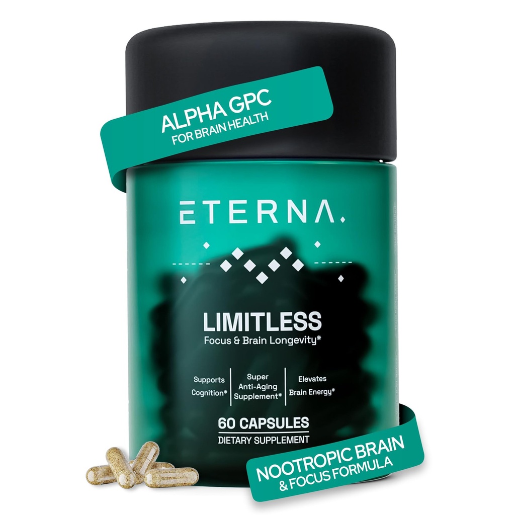 Eterna Limitless Nootropic Brain & Focus Supplement - Boosts Memory, Mental Clarity & Cognitive - with Alpha Gpc, L-Theanine, Choline, Rhodiola, Bacopa, Phosphatidylserine - 1 Month Supply
