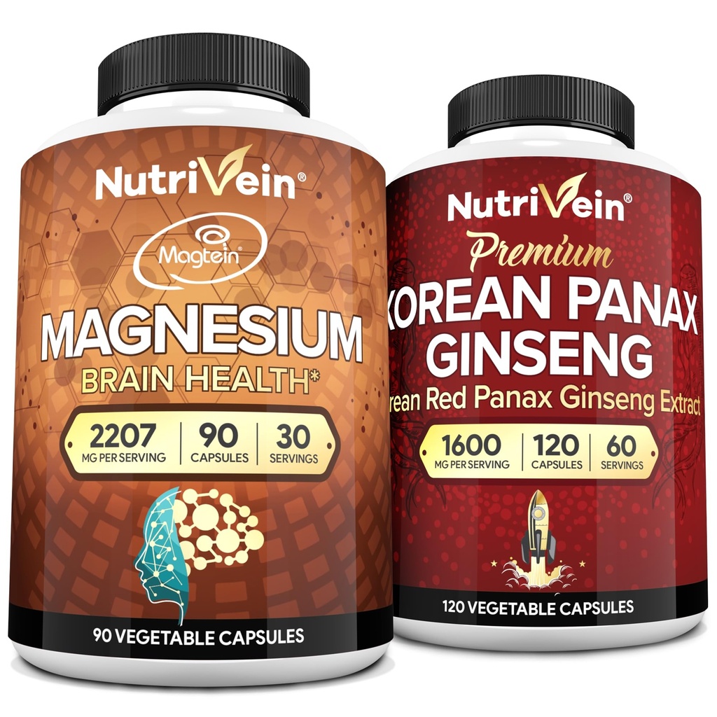 Nutriveinの優れたマグネシウムのL-Threonate及びPanaxのGinsengの補足の束:高吸収のマグネシウムのThreeonateおよび赤いGinsengの補足の組の頭脳、気分およびVitalityのための