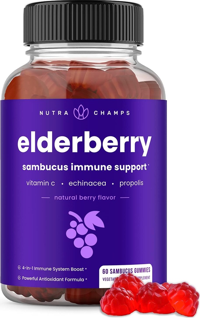 NutraChamps Elderberry Gummies with Vitamin C、プロポリス、Echinacea - Immune System Support Gummy Vitamin for Adult & Kids - 最大強度200mgサムブカス抗酸化剤