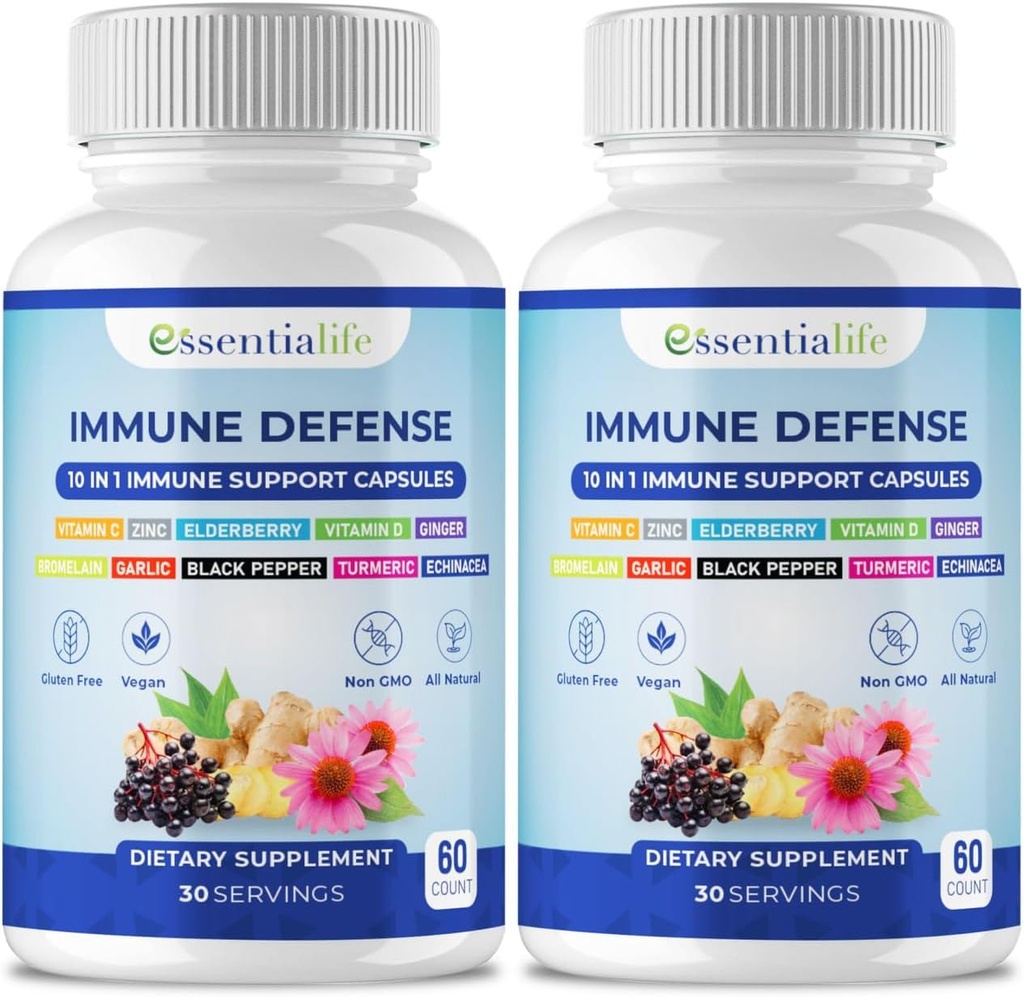 免疫サポートサプリメント - 2パック10 1エルダーベリー、エキナセア、ビタミンD、ビタミンC 1000mg&亜鉛サプリメント - 大人のための免疫ブースター付き - 120ビタミンカプセル