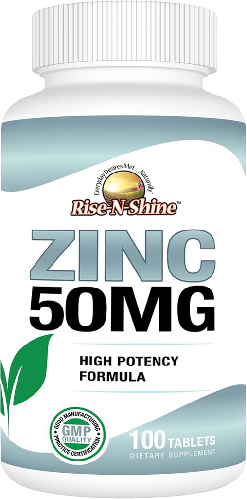 Rise-N-Shine 50 Mg亜鉛サプリメント - 免疫サポートサプリメント - 高効力抗酸化剤 - 100日の供給 (100錠)