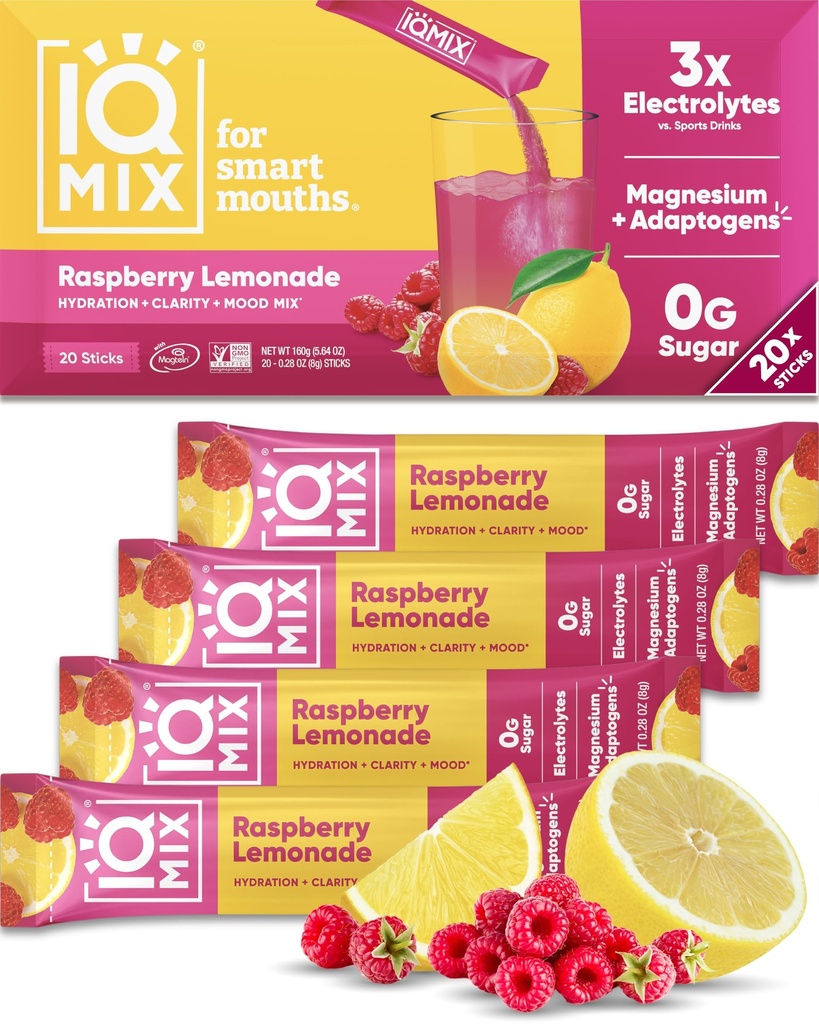 IQMIX Hydration Electrolyte Powder – 4-in-1 Formula for Hydration, Mental Clarity, Mood and Recovery – Sugar-Free Drink Mix, Keto, Magnesium L-Threonate, Lion’s Mane – 20 Count New Raspberry Lemonade