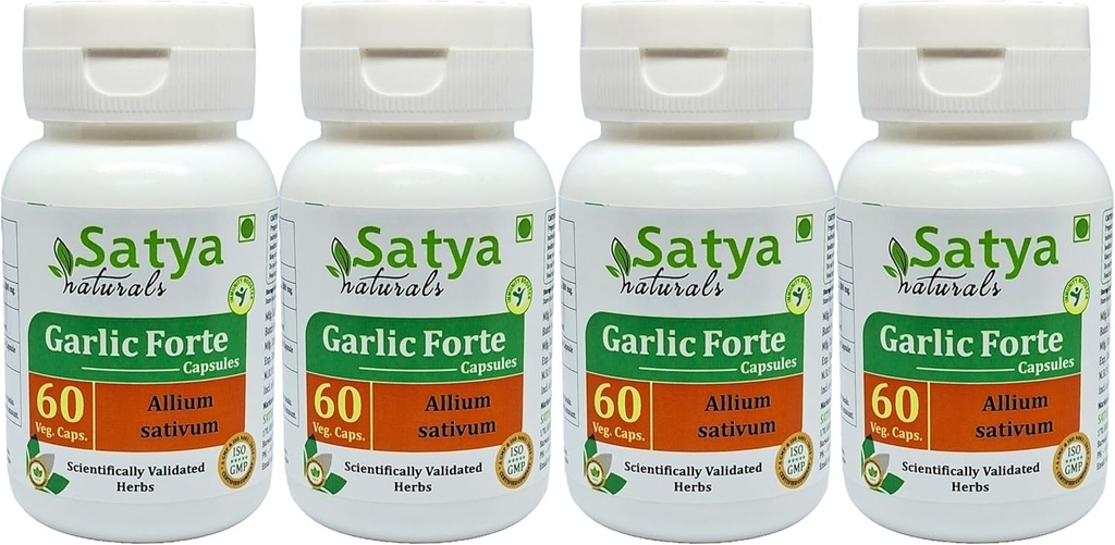 ガーリック フォルテ カプセル 500 mg. 60 Veg. カプセル | ラッサン (アリウム サチリウム) 男性と女性のための抽出カプセル | アーユルヴェーダ ハーブ サプリメント/救済 | 10:1 フォルテ (4 ボトル 60 カプセル)
