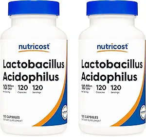 Nutricost Lactobacillus Acidophilus 10 Billion CFU, 120 Veggie Capsules - Probiotic (2 Bottles)