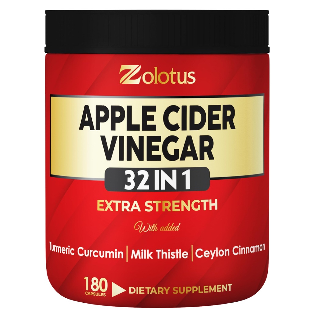 Zolotus 32in1 Apple Cider Vinegar Capsules with Turmeric, Cinnamon, Milk Thistle, Elderberry, Quercetin & More for Supports Digestion, Vitality- 180 Capsules