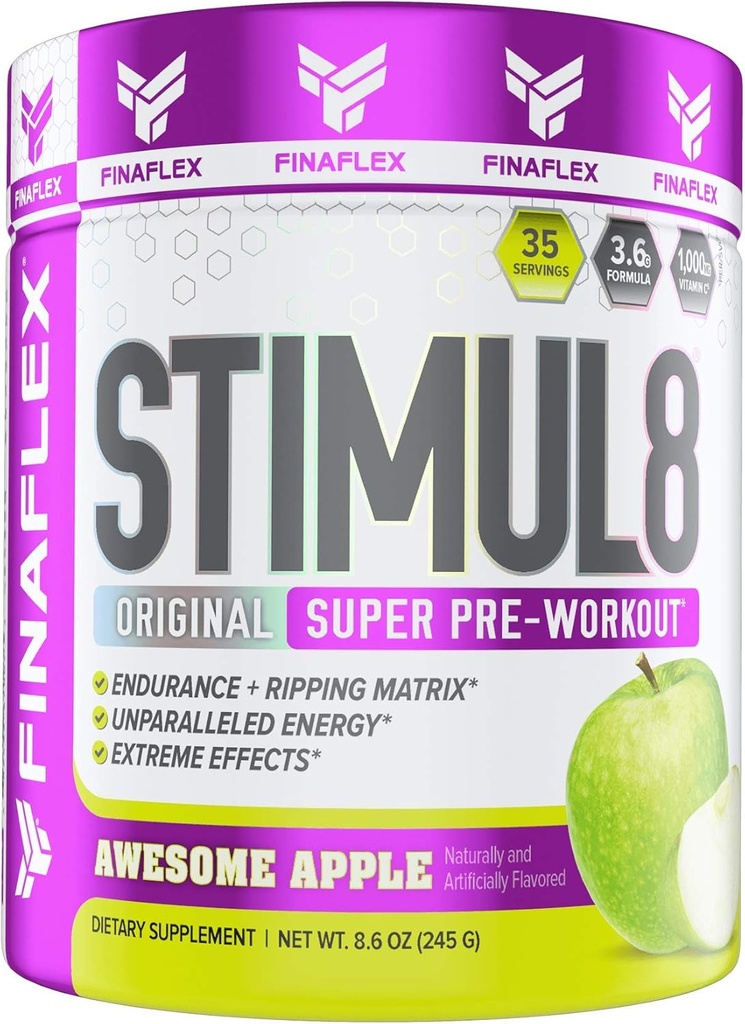 FINAFLEX STIMUL8オリジナルスーパープレワークアウト、素晴らしいApple - エネルギー、男性と女性のための強さと耐久性 - カフェイン、ベータアラニン&ビタミンC - 35サービング