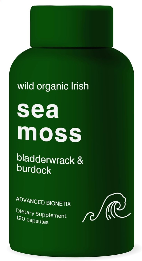 Organic Irish Sea Moss Capsules, Raw Wildcrafted Seamoss Enhanced w/Bladderwrack & Burdock Root Capsules 120 Total Pills Antioxidant Packed. Prebiotic Superfood, Thyroid Support