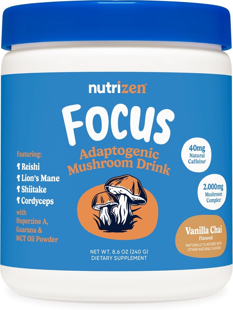 Nutricost Nutrizen AM 焦点適応性キノコドリンク(Vanilla Chai Flavored) 30 サービング - Reishi、ライオンのマネ、シイタケ、コルディセプを含む