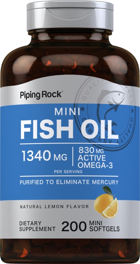 パイピングロックミニフィッシュオイル1340mg | 200 Softgels | 男性と女性のためのオメガ3サプリメント | レモンフレーバー | 非GMOとグルテンフリー
