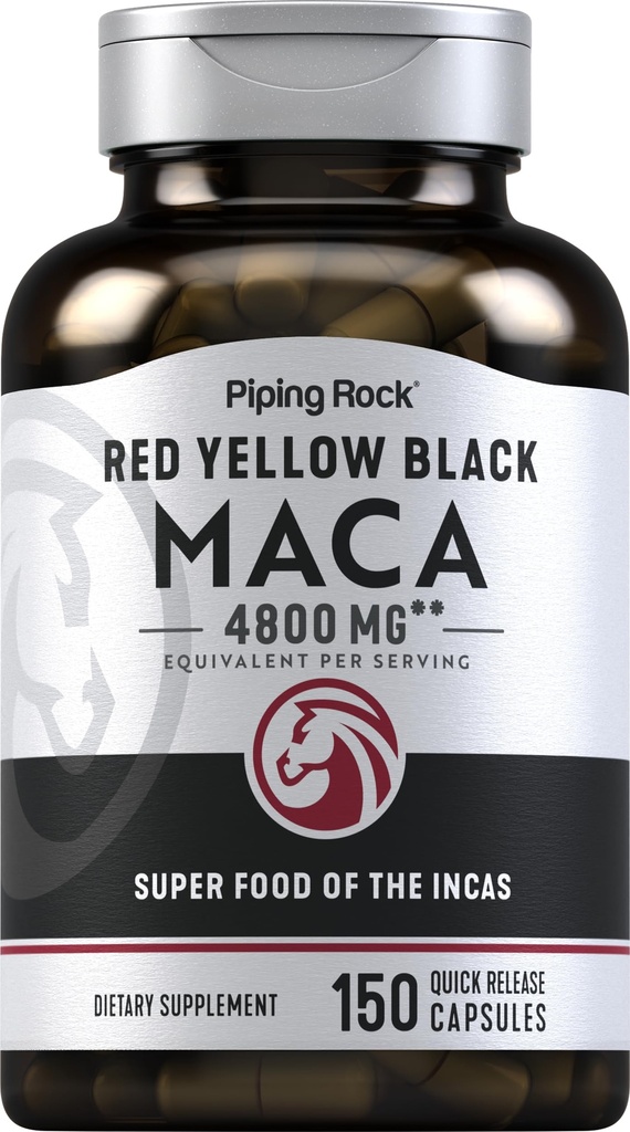 パイピングロックマカルートカプセル | 4800mg | 150 パウダーピル | 男女別 | レッド・イエロー・ブラック | 非GMO・グルテンフリーサプリメント