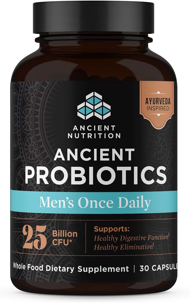 Ancient Nutrition Probiotics for Men, Ancient Probiotic Men's Once Daily 30ct, Digestive and Immune Support, Bloating, Gas and Constipation Relief, Gluten Free, Superfoods Blend, 25 Billion CFUs*