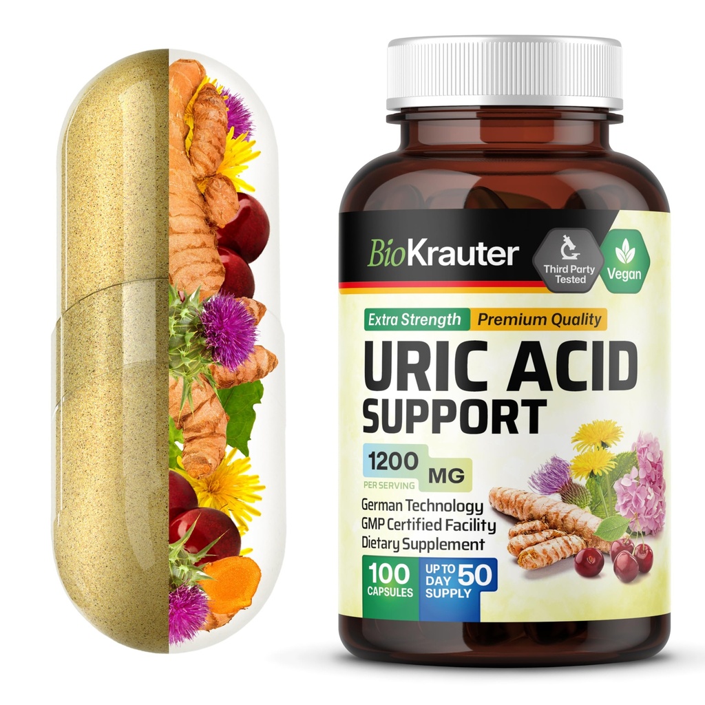 BIO KRAUTERの尿酸サポート カプセル 1200 の mg のブレンド - 100 の計算 - 腎臓の補足 w/Tart チェリー 10:1 のエキス - ミルクのこの薬及びターメリック エキス - ビーガン
